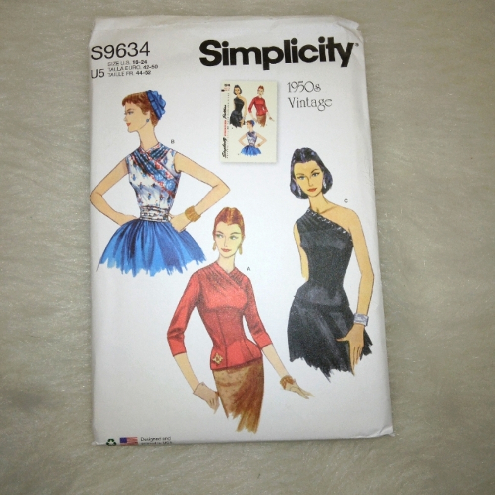 SIMPLICITY S9634 Sz 16-24 Vintage 1950s style Fitted Surplice Blouses in variati